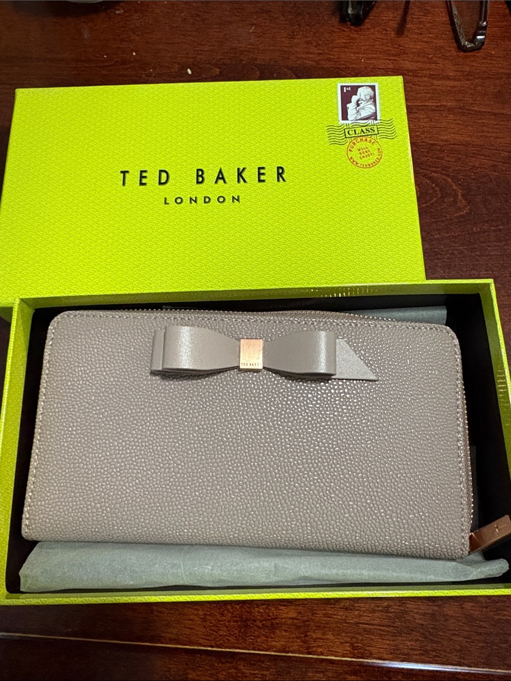 Ted Baker Pebbled Taupe Bow Zip Wallet